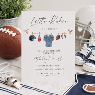 Blue Clothesline Little Rookie Football Baby Invitation