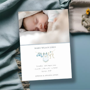 Blue Clothesline Photo Baby Birth Announcement