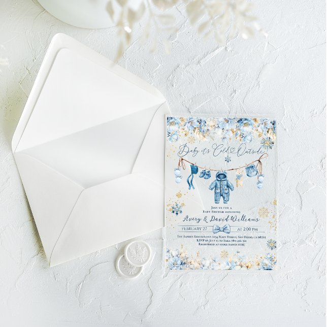 Blue ClothestLine Cold Outside Baby Boy Shower Acrylic Invitations (Creator Uploaded)