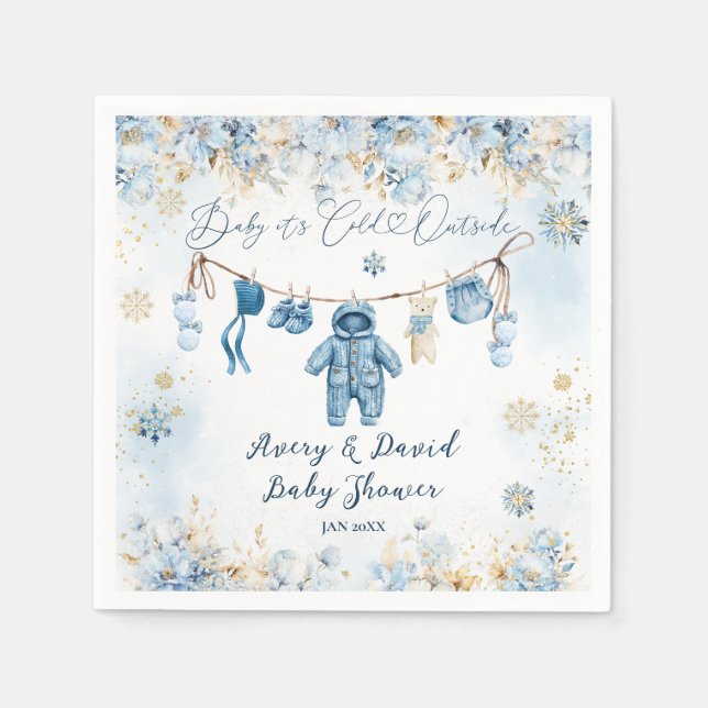 Blue ClothestLine Cold Outside Baby Boy Shower Napkin (Front)