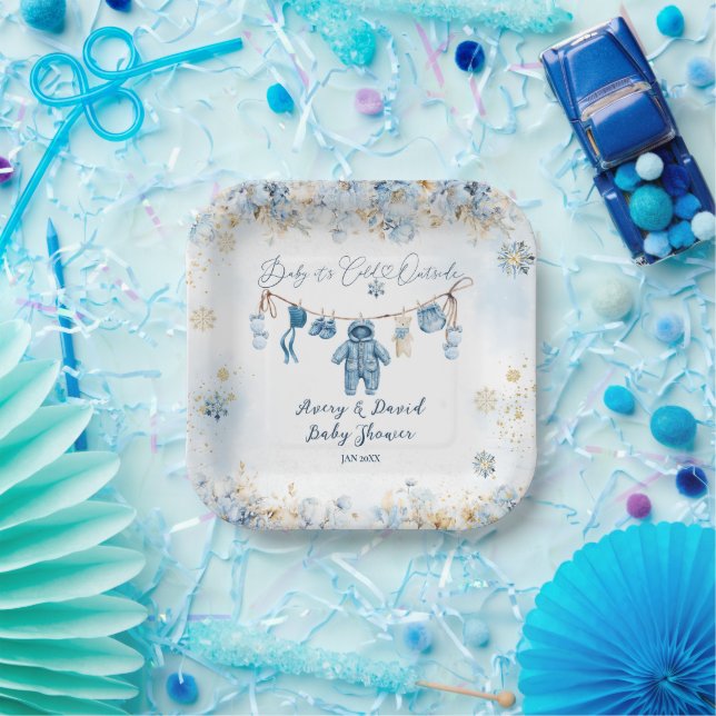 Blue ClothestLine Cold Outside Baby Boy Shower Paper Plate (Party)