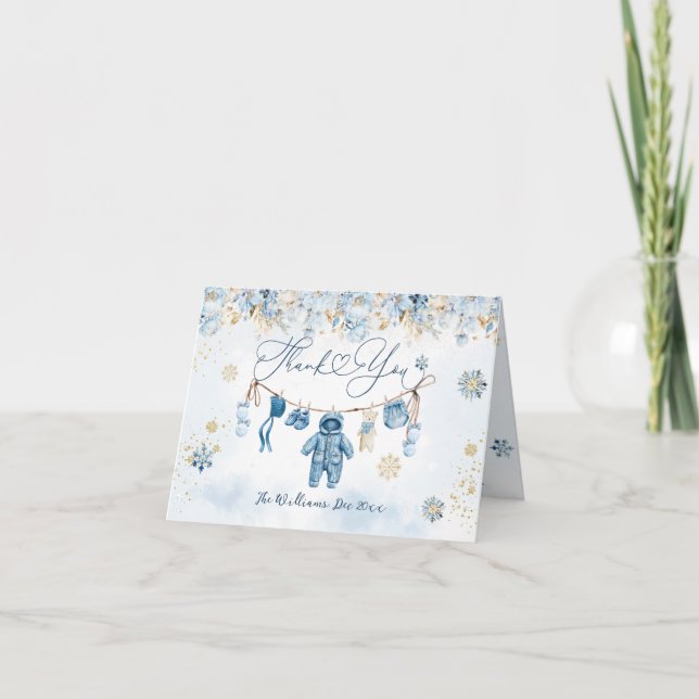 Blue ClothestLine Cold Outside Baby Boy Shower Thank You Card (Front)