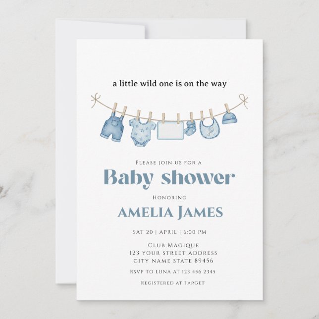 Blue ClothestLine one boy Baby Shower  Invitation (Front)