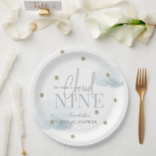 Blue Cloud 9 Gold Star Bridal Shower Paper Plate