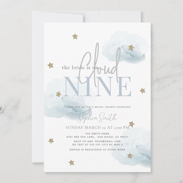 Blue Cloud 9 Gold Stars Watercolor Bridal Shower Invitation (Front)
