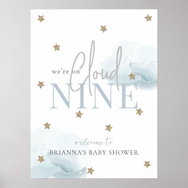 Blue Cloud 9 Stars Baby Shower Welcome Sign (Front)