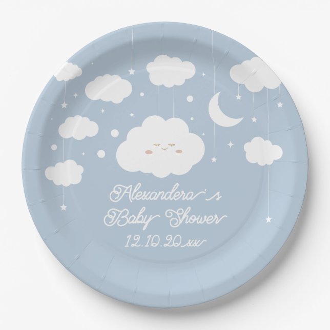 Blue Cloud Baby Shower Paper Plate (Front)