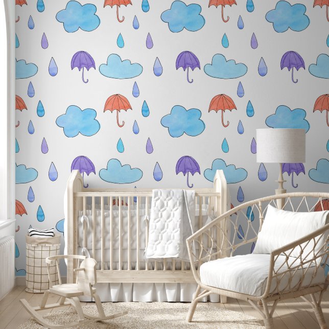 Blue Clouds and Rain Umbrellas Wallpaper (Kids)