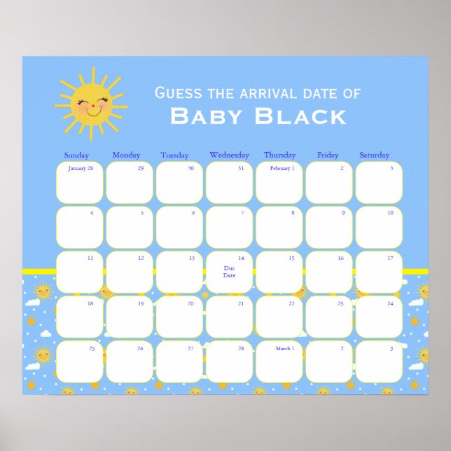 Blue Clouds Baby Shower Guess The Due Date Poster (Front)