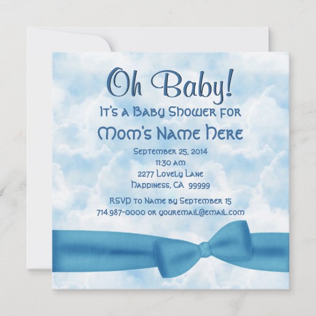 Blue Clouds Bow and Leopard Baby Boy Shower Invitation (Front)