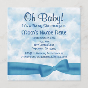 Blue Clouds Bow and Leopard Baby Boy Shower Invitation