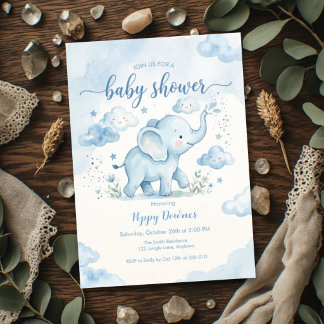 Blue Clouds Elephant Sprinkle Baby Shower Invitation