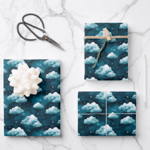 Blue Clouds & Stars on Dark Blue Wrapping Paper Sheet