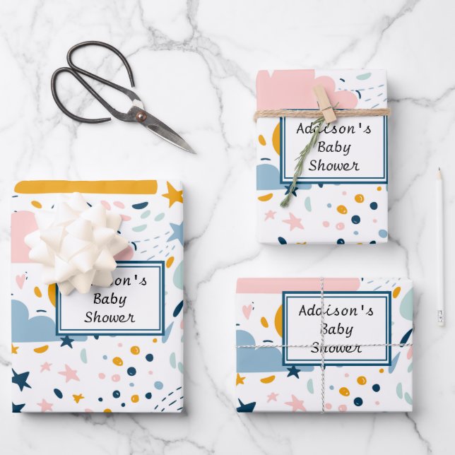 Blue Clouds Stars Raindrops Baby Shower Wrapping Paper Sheet (Front)