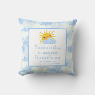 Blue Clouds Sunshine Personalised Baby Birth Stat Cushion