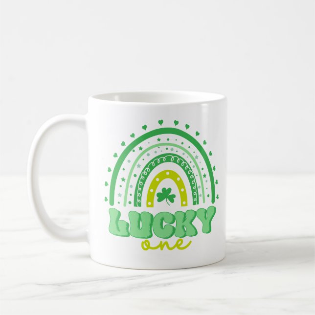 Blue Clover & Rainbow Lucky One First Birthday  Coffee Mug (Left)