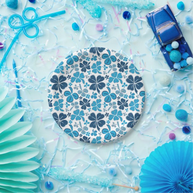 Blue Clover Shamrock Pattern St. Patrick`s Day Paper Plate (Party)