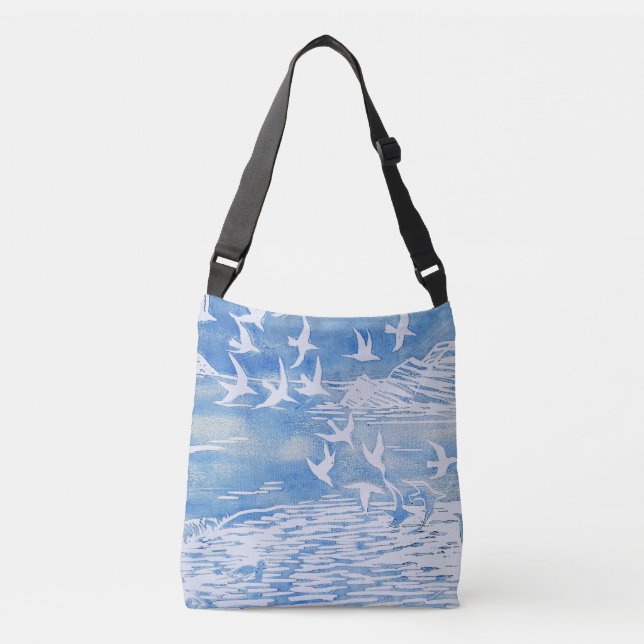Blue Coast Birds Modern Watercolor Art Crossbody Bag (Front)
