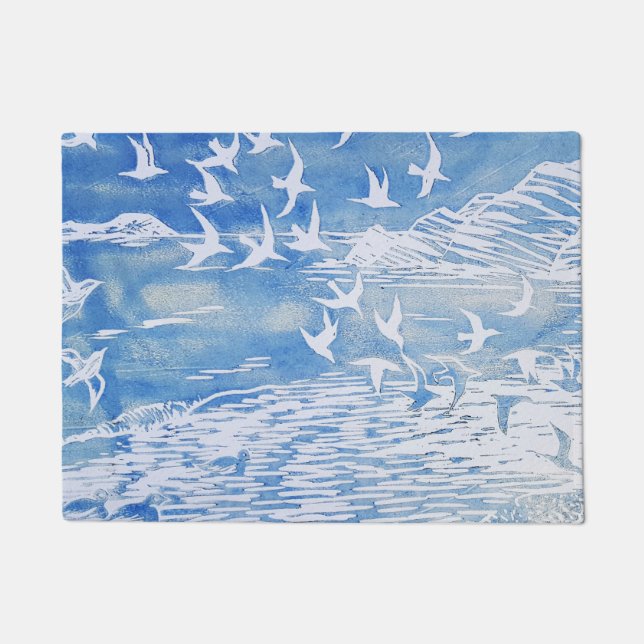 Blue Coast Birds Modern Watercolor Art Doormat (Front)