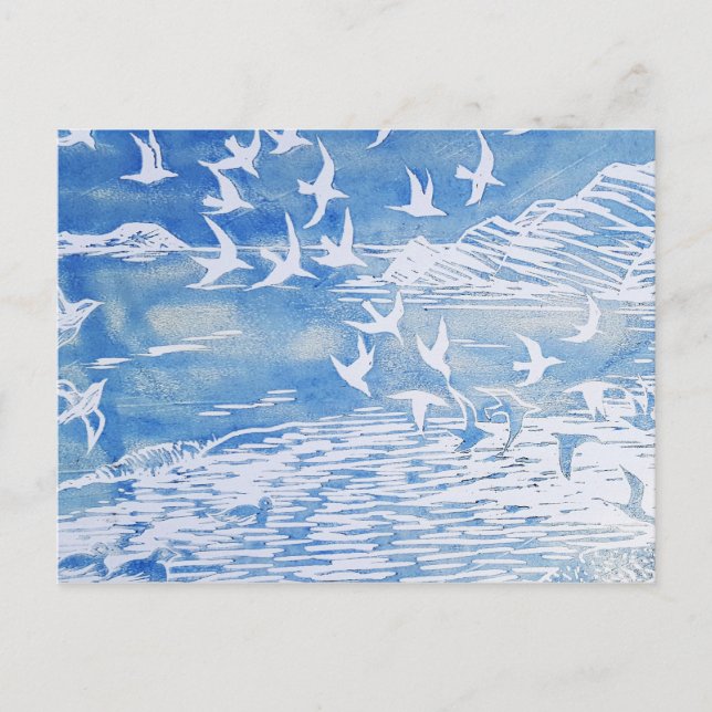 Blue Coast Birds Modern Watercolor Art Postcard (Front)