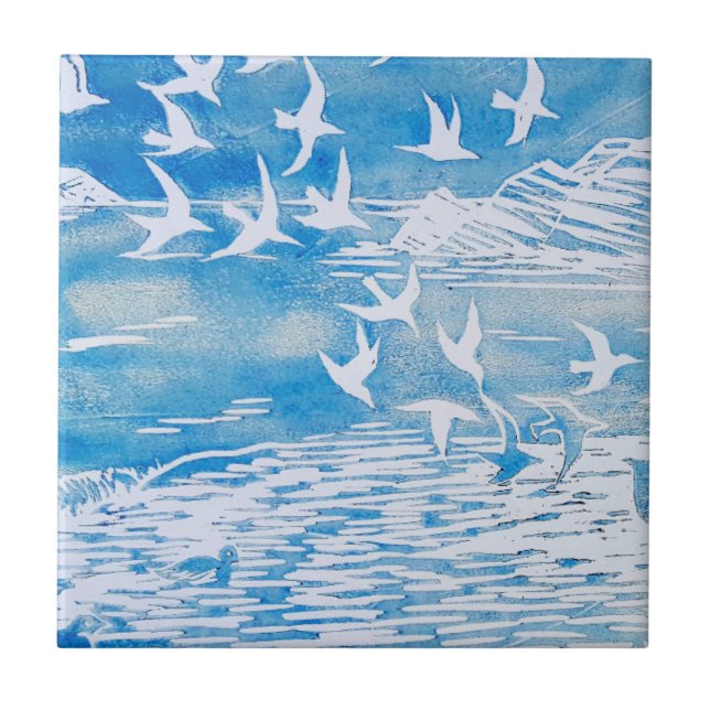 Blue Coast Birds Modern Watercolor Art Tile (Front)
