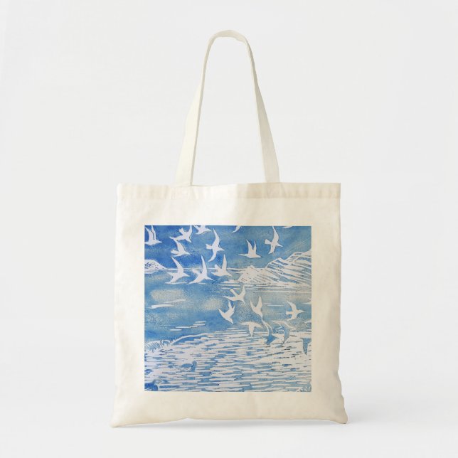 Blue Coast Birds Modern Watercolor Art Tote Bag (Front)
