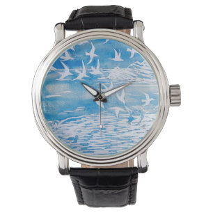 Blue Coast Birds Modern Watercolor Art Watch