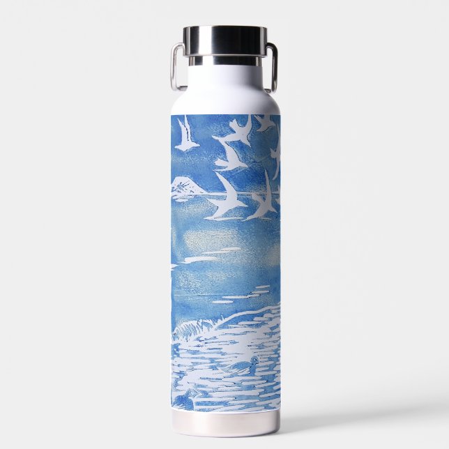 Blue Coast Birds Modern Watercolor Art Water Bottle (Front)
