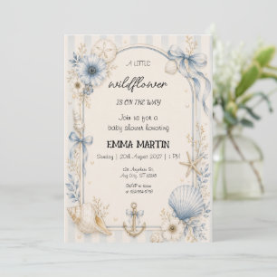 Blue Coastal Baby Shower Wildflower Theme Invitation