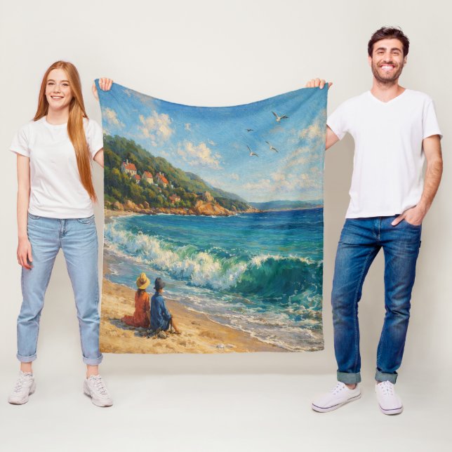 Blue Coastal Beach Fleece Blanket (In Situ)