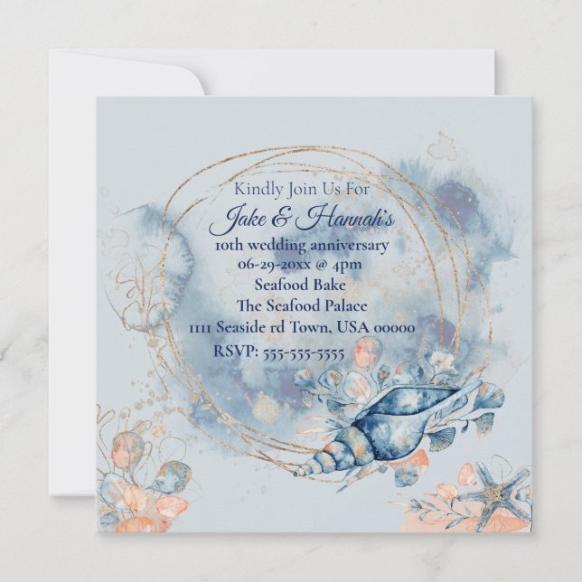 Blue Coastal Beach Wedding Anniversary invitations (Front)