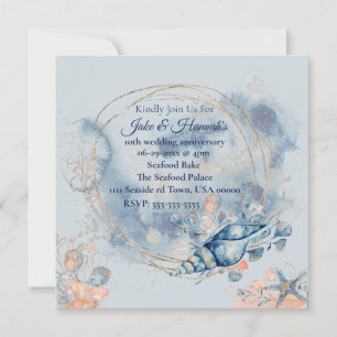 Blue Coastal Beach Wedding Anniversary invitations