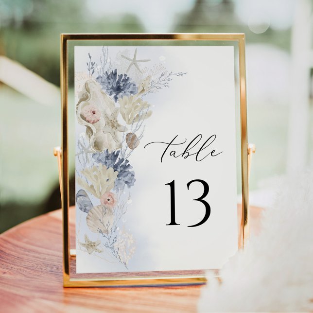 Blue Coastal Beach Wedding Table Number Card (Blue coastal wedding table number card beach seashell decor)