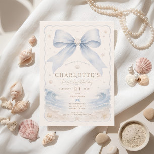 Blue Coastal Bow First Birthday Seashell Beach Invitation
