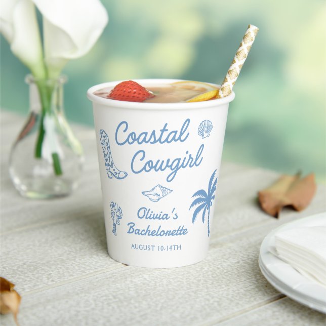 Blue Coastal Cowgirl Bachelorette Party Paper Cups (Insitu)