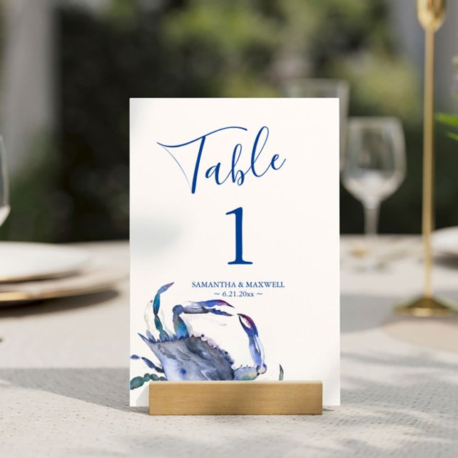 Blue Coastal Crab Beach Wedding Table Number (Table number cards destination beach wedding watercolor blue crab art by Victoria Grigaliunas)