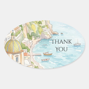 Blue Coastal Floral Thank You Oval Sticker