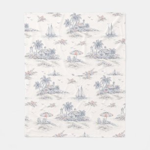 Blue Coastal French Toile Fleece Blanket