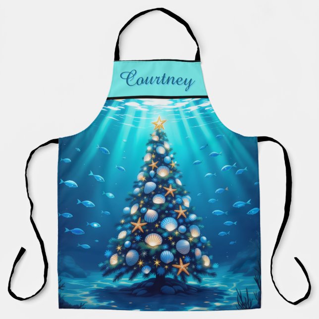 Blue Coastal  Holiday Tree All-Over Print Apron (Front)