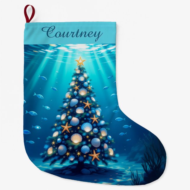 Blue Coastal Holiday Tree Christmas Stocking (Front)