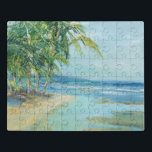 Blue Coastal Lagoon Jigsaw Puzzle<br><div class="desc">"Blue Coastal Lagoon" by Suzanne Wilkins. Features a serene beach with tropical trees.</div>