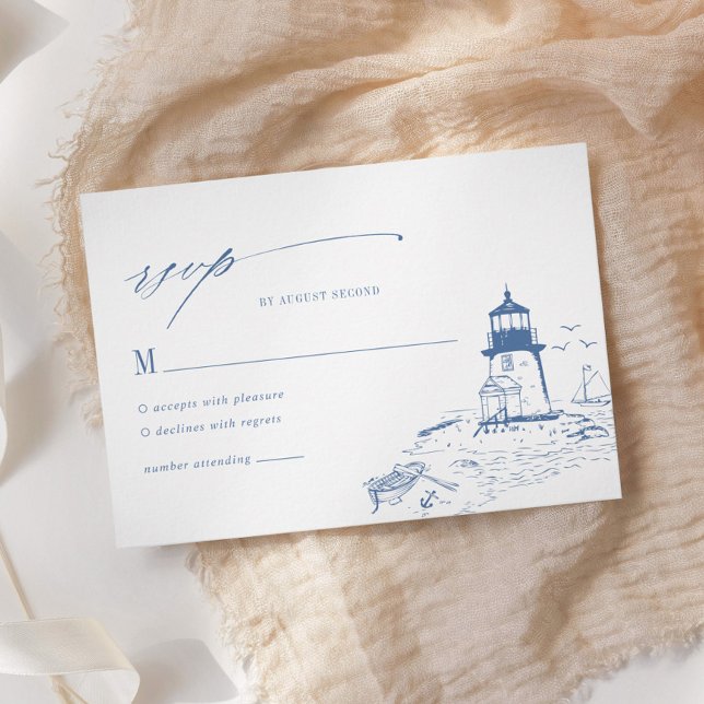 Blue Coastal Lighthouse Toile Wedding RSVP Card (Creator Uploaded)