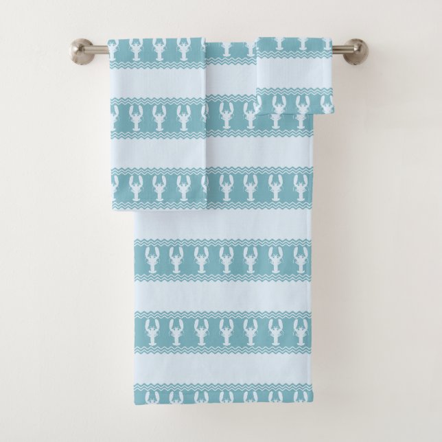 Blue Coastal Lobster Stripes Bath Towel Set (Insitu)