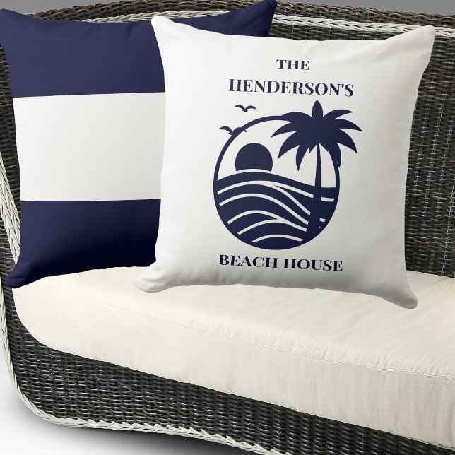 Blue Coastal Palm Tree Family Name Beach House Cushion (Creator Uploaded)
