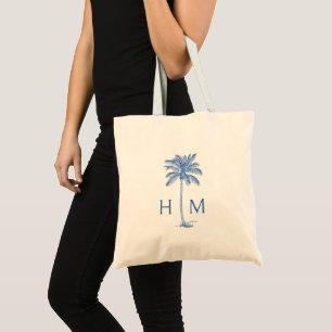 Blue Coastal Palmetto Palm Monogram Tote Bag