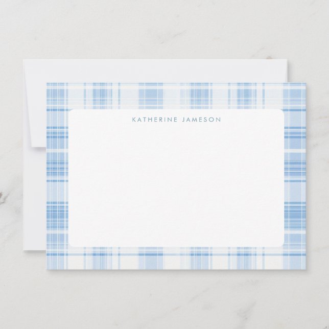 Blue Coastal Plaid Pattern Monogram Card (Front)
