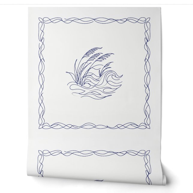 Blue Coastal Reeds Line Art Wallpaper (Unrolling)