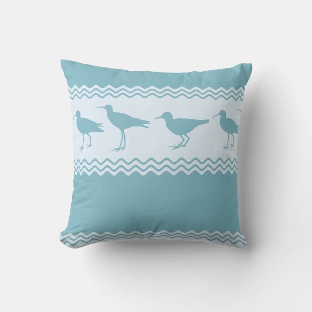Blue Coastal Sandpiper Bird Stripes Cushion (Front)