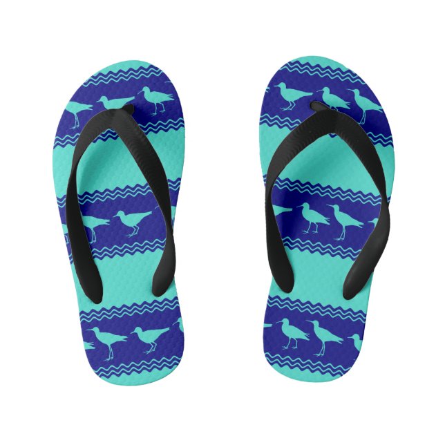 Blue Coastal Sandpiper Bird Stripes Kid's Flip Flops (Footbed)