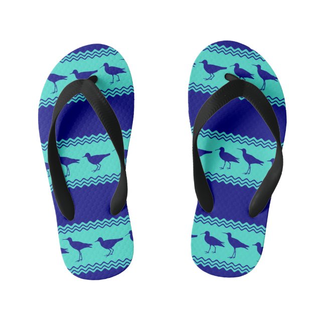 Blue Coastal Sandpiper Bird Stripes Kid's Flip Flops (Footbed)